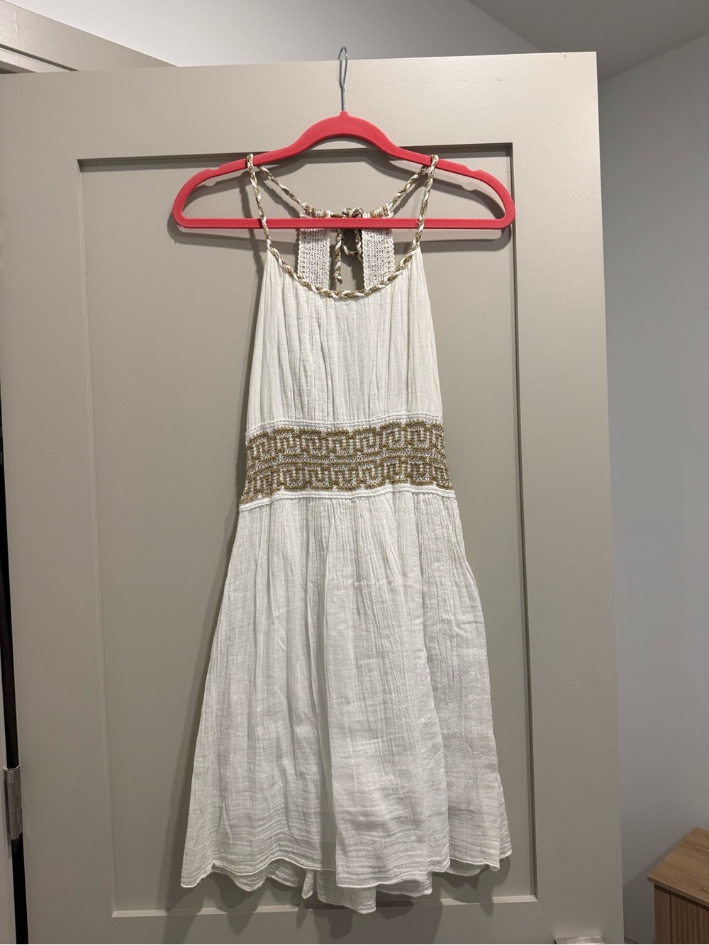 Girls White Halter Dress with Gold Embellished Waistband